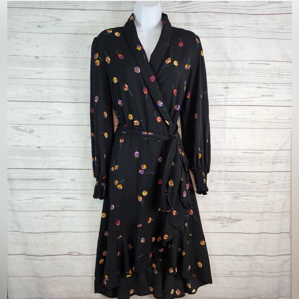 Cabi Womens Divine Wrap Dress Sz Medium Black Floral Long Sleeve